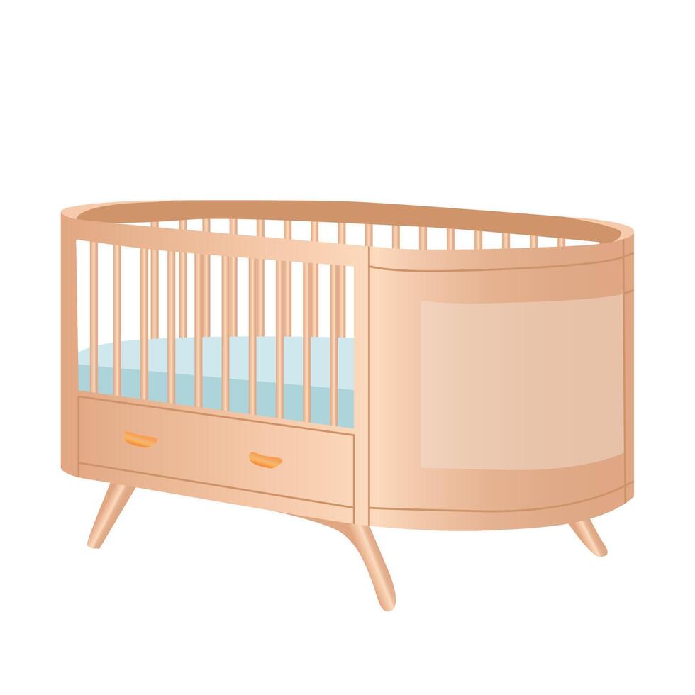 Wooden baby cot with drawers in flat design. Crib with blue mattress. illustration isolated. vector