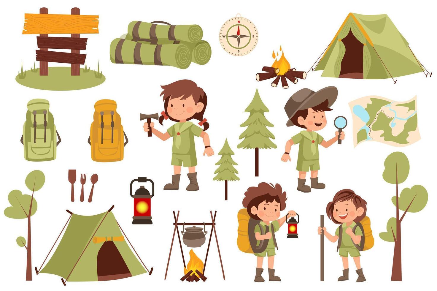 Scouts camping set elements in flat graphic design. Bundle objects of boys and girls in uniforms, tent, compass, campfire, backpacks, trees, lanterns, mats, direction pointers. illustration. vector
