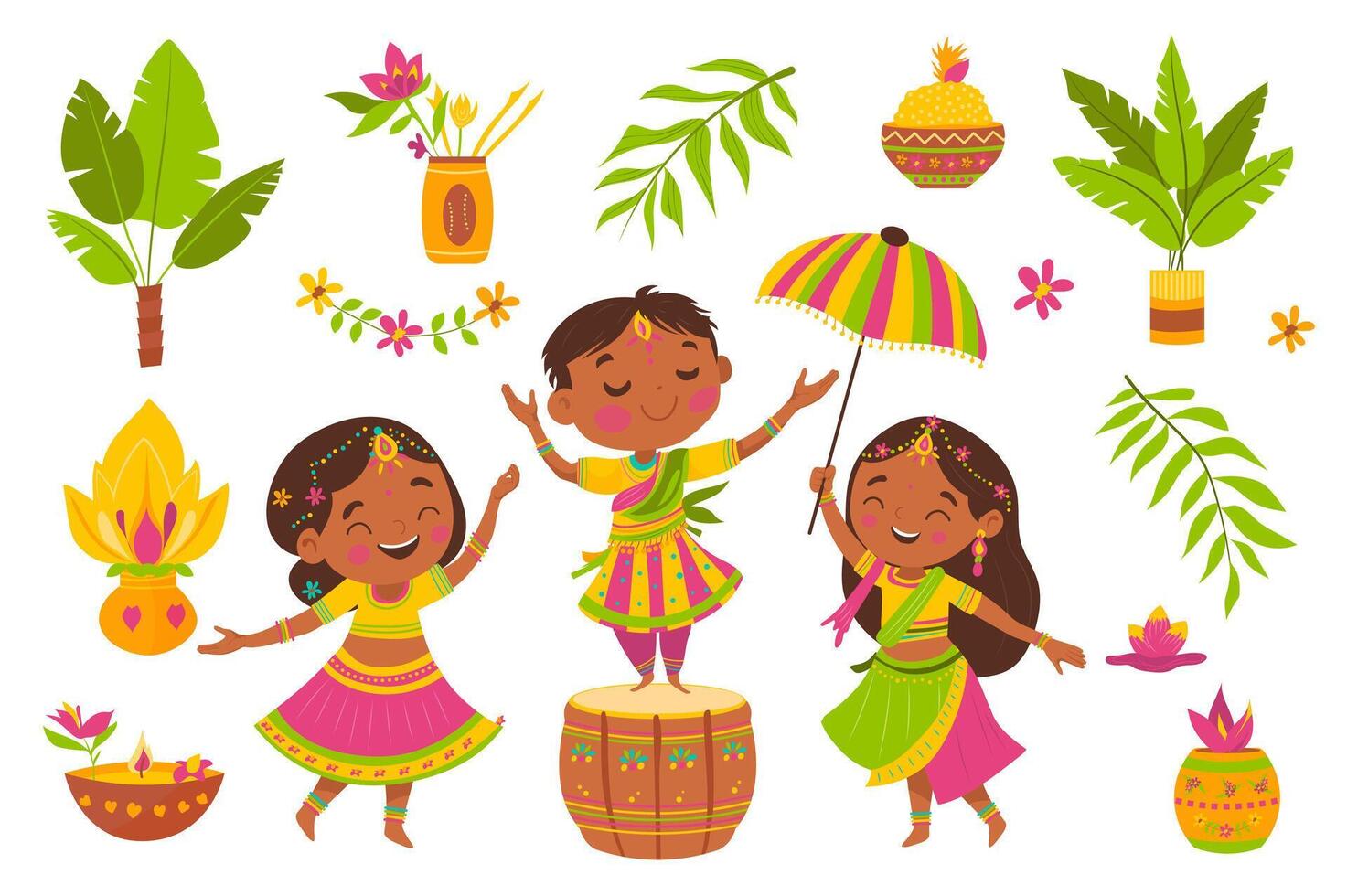 Diwali festival set elements in flat graphic design. Bundle objects of happy boy and girls in traditional indian clothes celebrating, lanterns, oil lamps, flower garlands, other. illustration. vector