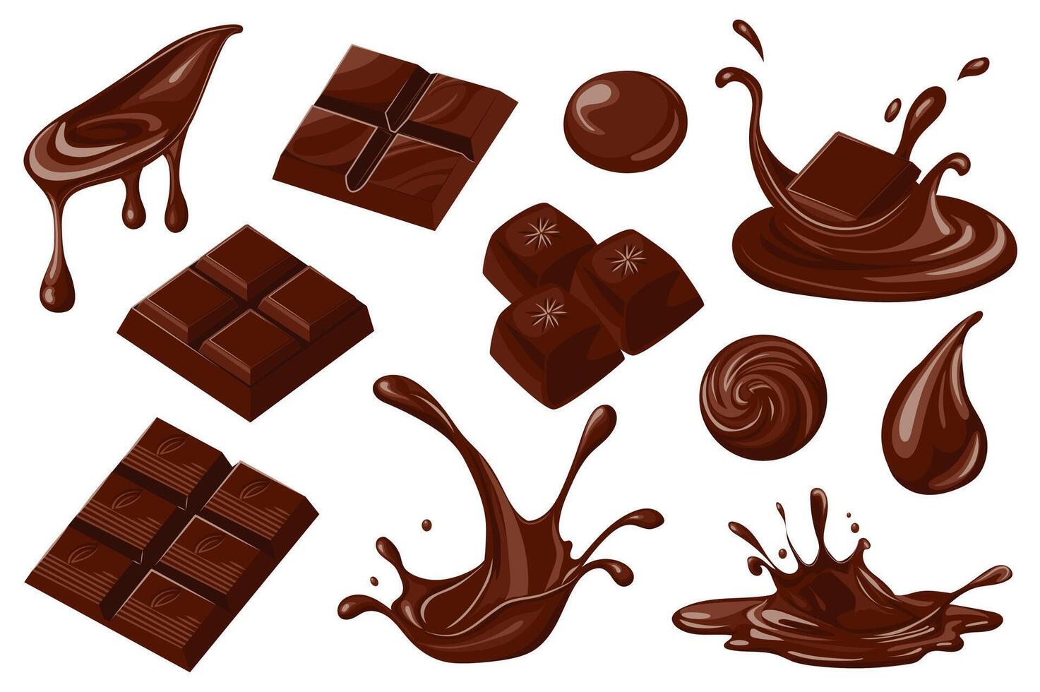 Chocolate set elements in flat graphic design. Bundle objects of sweet brown cocoa melting, chopped dark chocolate bars, candy, droplets, flowing streams, liquid cream splashes. illustration. vector