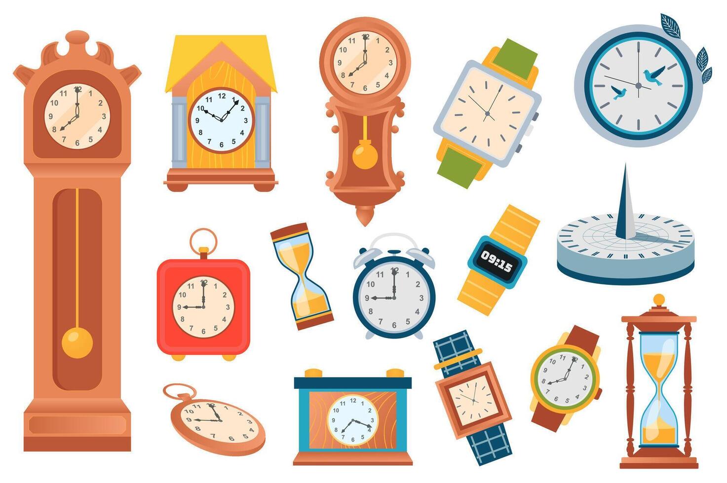 Mechanical and electronic clocks set elements in flat graphic design. Bundle objects of vintage floor clocks, electronic wall time device, hourglass, table alarms, sundial, other. illustration. vector