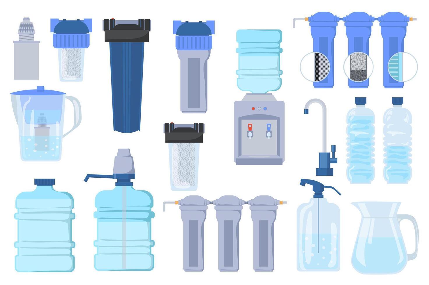 Water purification equipment set elements in flat graphic design. Bundle objects of bottles, coolers, pitcher with filters, pipeline, home faucet, pump system, tank, tap, other. illustration. vector