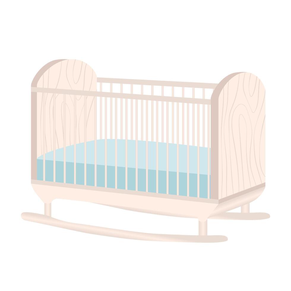 Cute baby cot in flat design. White wooden rocking crib with blue mattress. illustration isolated. vector