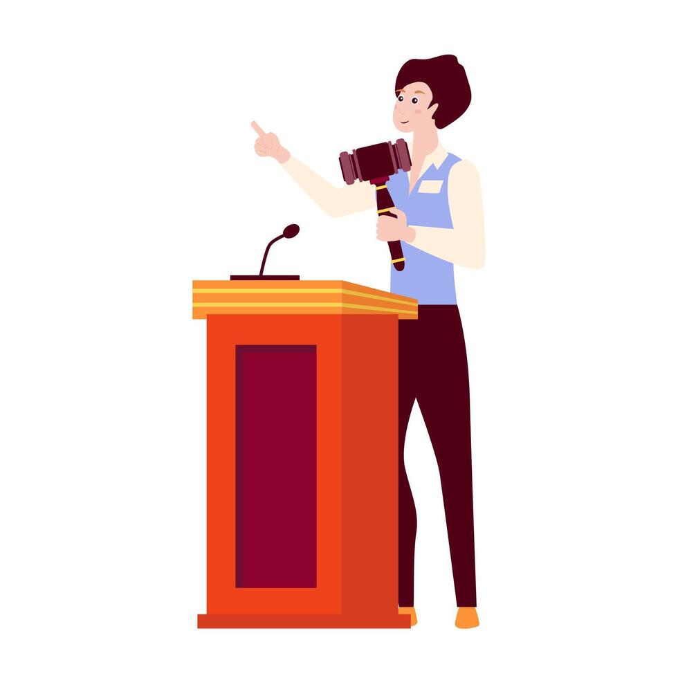 Man on tribune at auction in flat design. Seller with hammer selling art. illustration isolated. vector