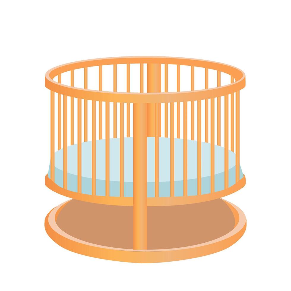 Round wooden baby cot in flat design. Cute crib with blue mattress. illustration isolated. vector