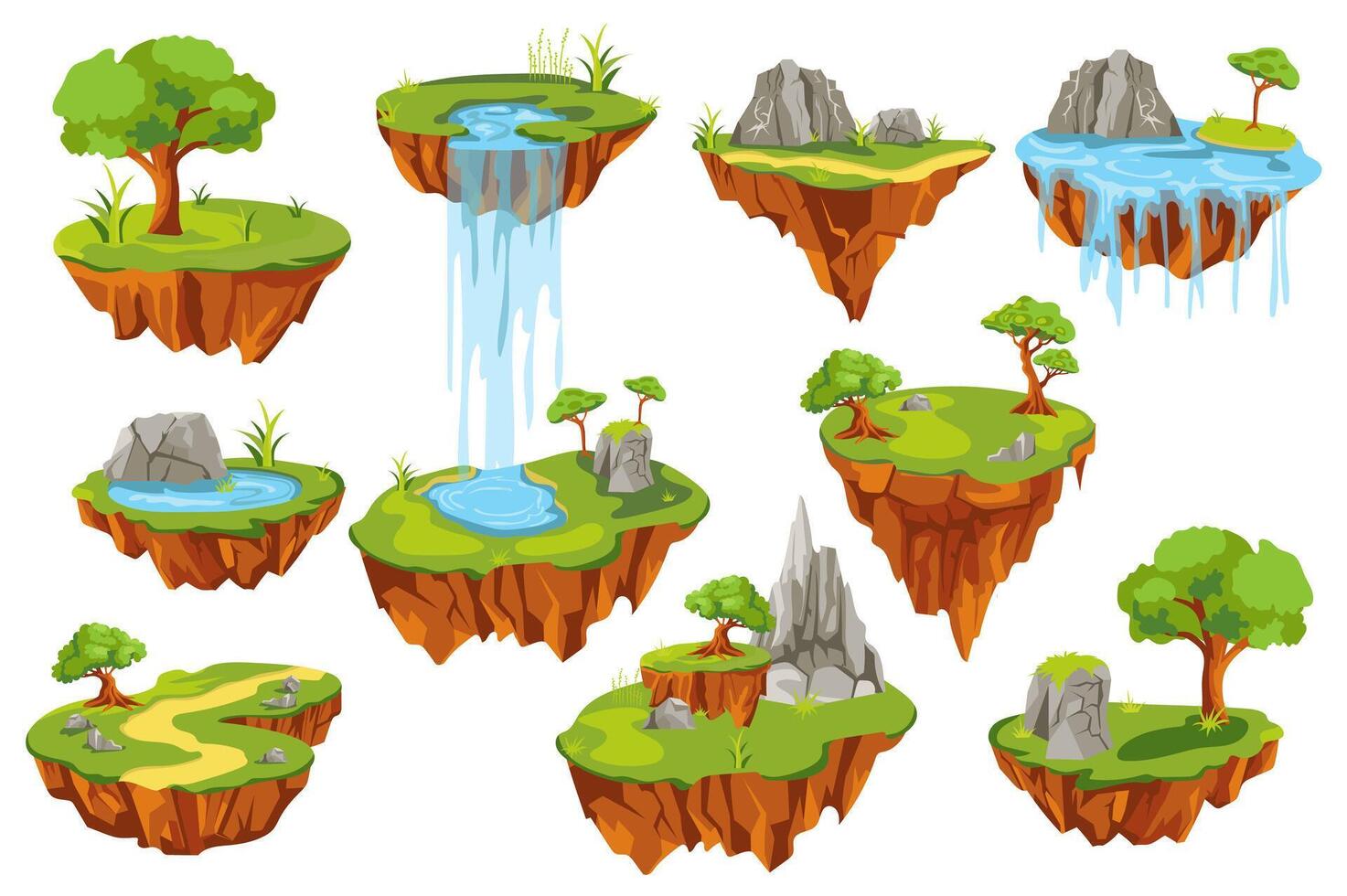 Flying ground islands set elements in flat graphic design. Bundle objects of game assets, level platforms with forest trees, waterfall, lakes, rocks and mountains, grass lawns. illustration. vector