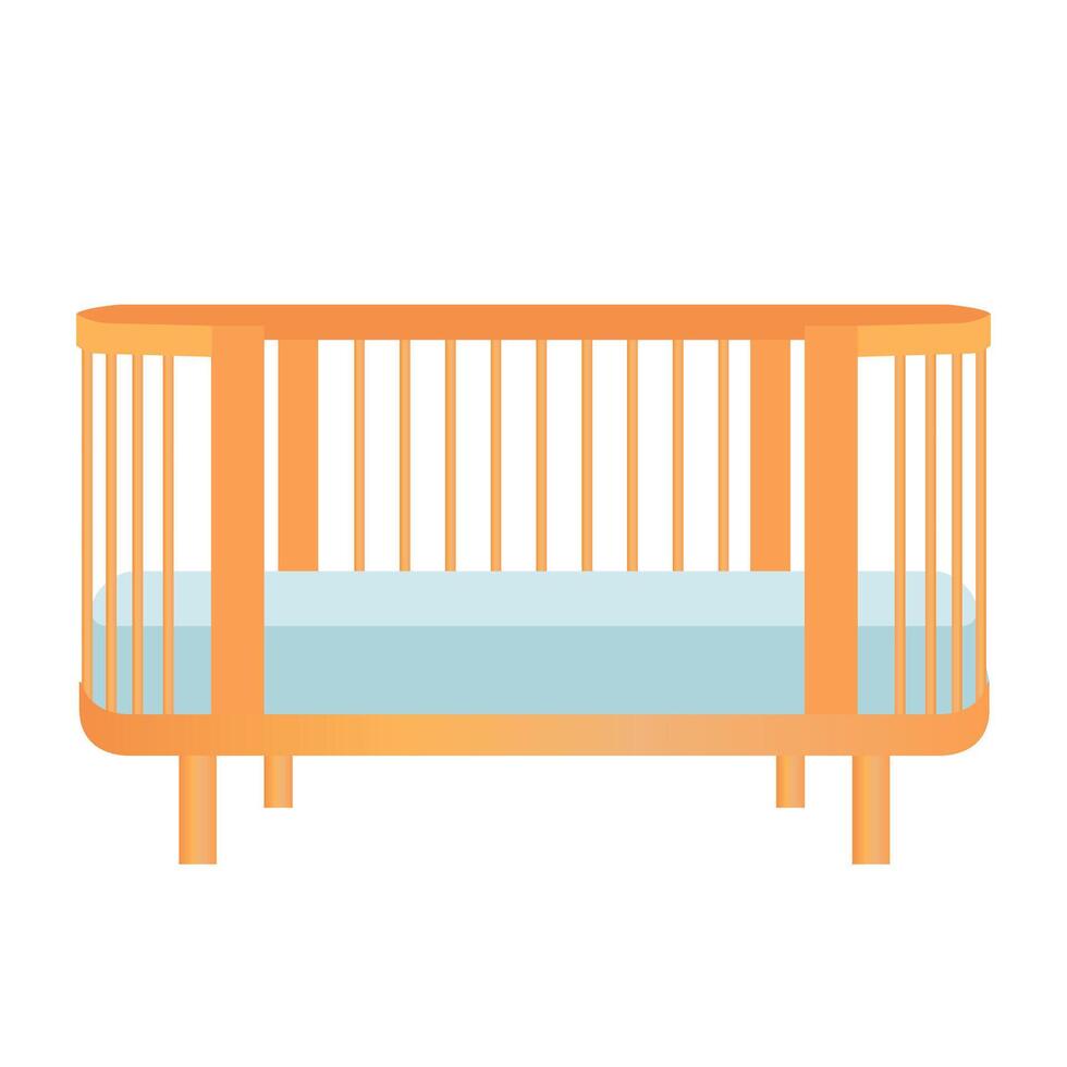 Cute baby cot in flat design. Child wooden crib with blue mattress. illustration isolated. vector