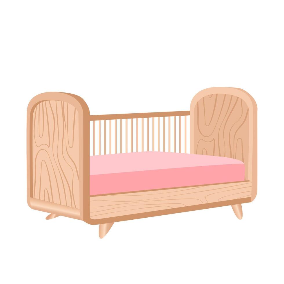 Baby cot with pink mattress in flat design. Crib for toddler bedroom. illustration isolated. vector