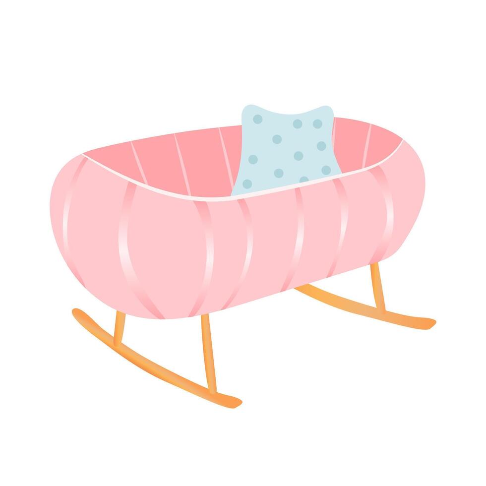Baby rocking cot for bedroom in flat design. Cute pink cradle with pillow. illustration isolated. vector