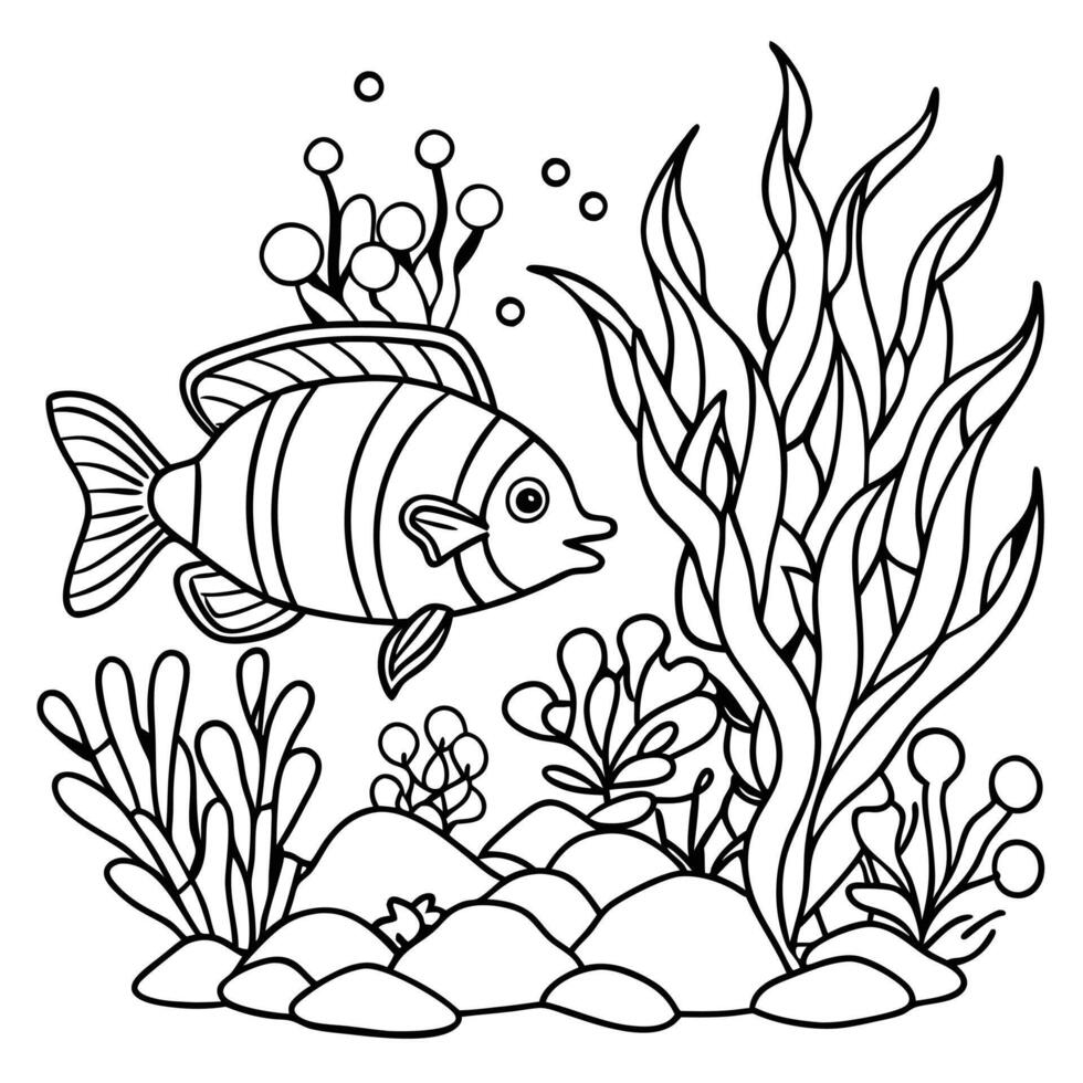 a cute fish under water outline for coloring book for kids vector