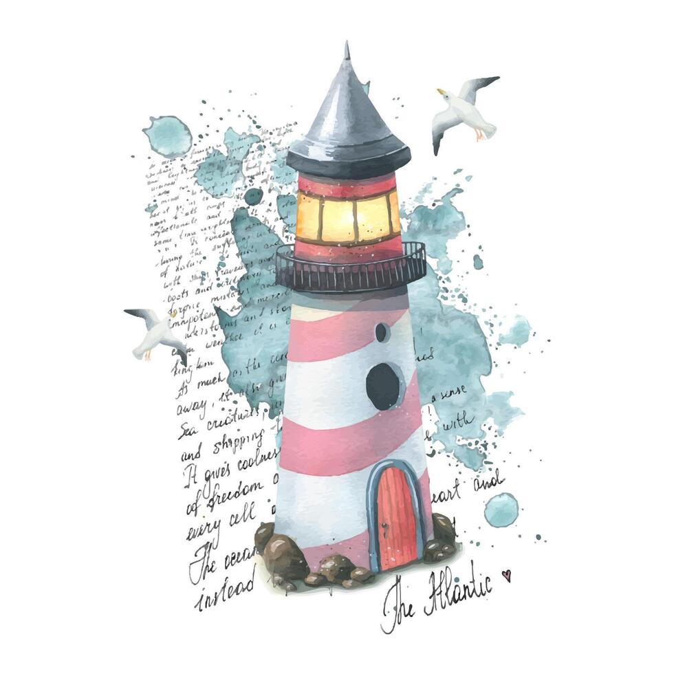 A marine lighthouse on a background of watercolor spots and splashes, letters in English about the Atlantic, with flying seagulls. Watercolor illustration. Composition for decoration and design. vector