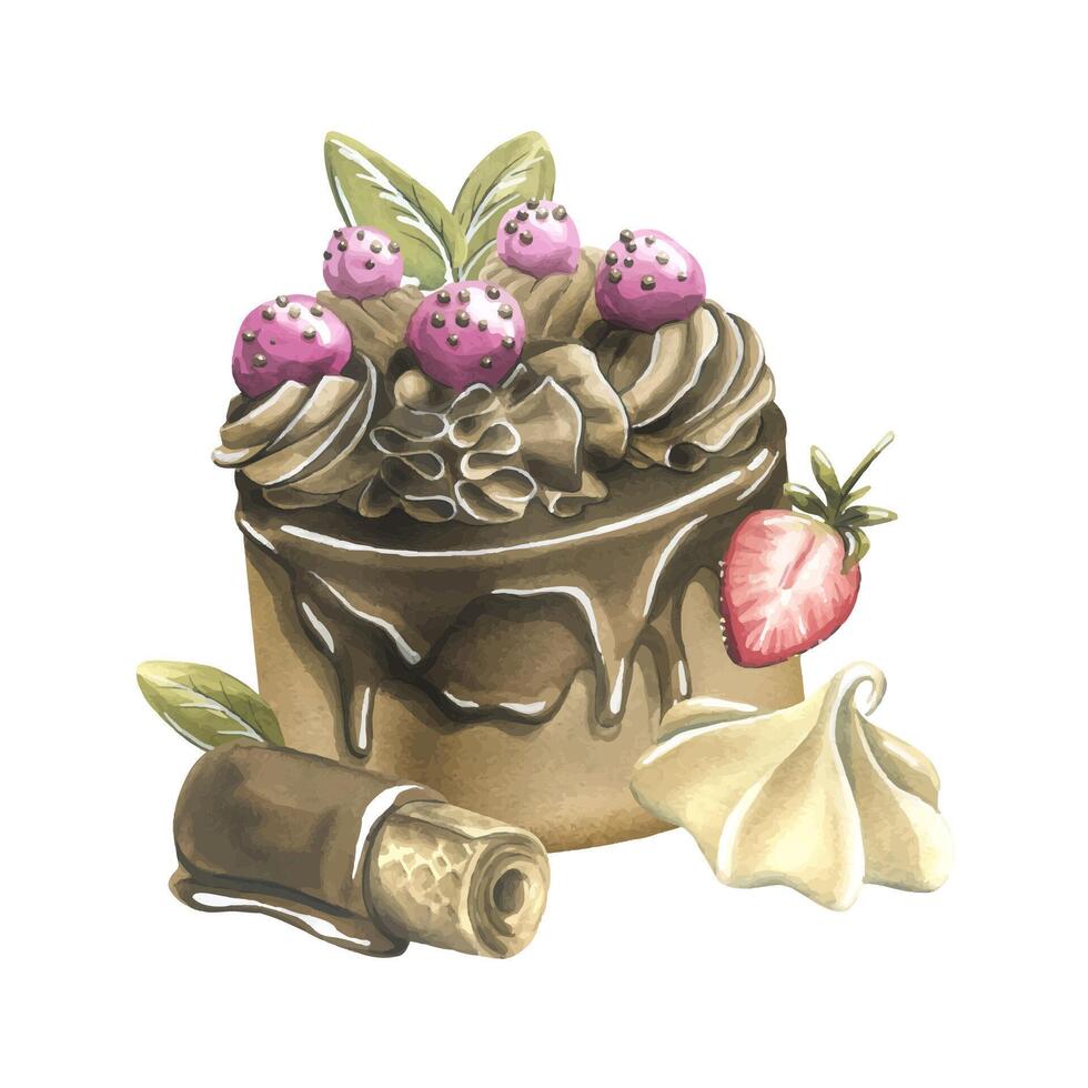 Chocolate cake with icing, waffles, meringue and strawberries. Watercolor illustration hand drawn. Isolated composition on a white background. vector