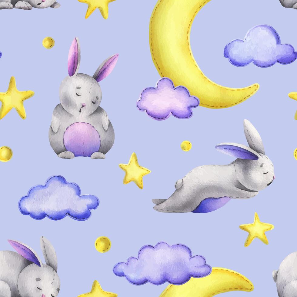A cute gray bunny stitched sits and sleeps on a yellow moon with hanging stars, dots, clouds. Watercolor illustration, hand drawn. Seamless pattern on a lilac background. vector