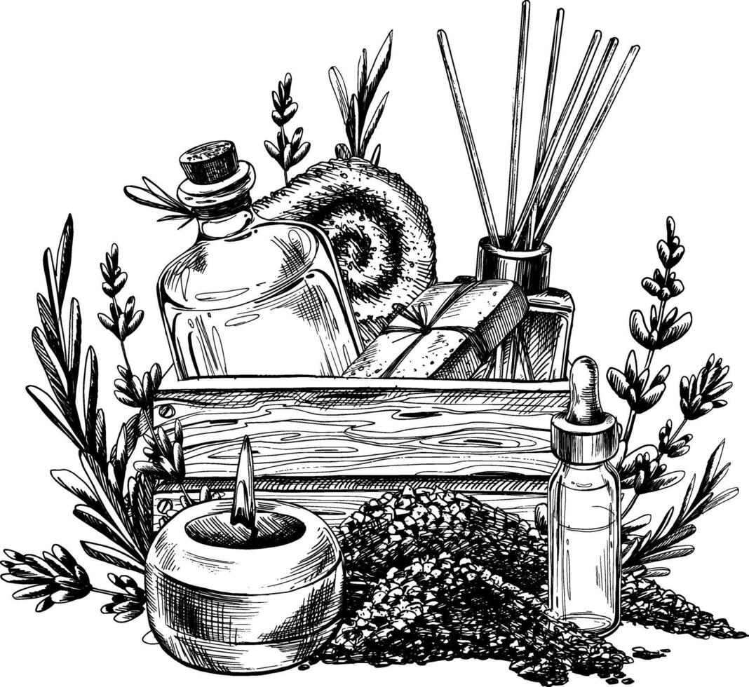 Handmade lavender cosmetics, jars, candles, aroma, soap, salts, flowers in a wooden box. Hand-drawn illustration with graphic line art in black and white ink. Sublimation arrangement vector