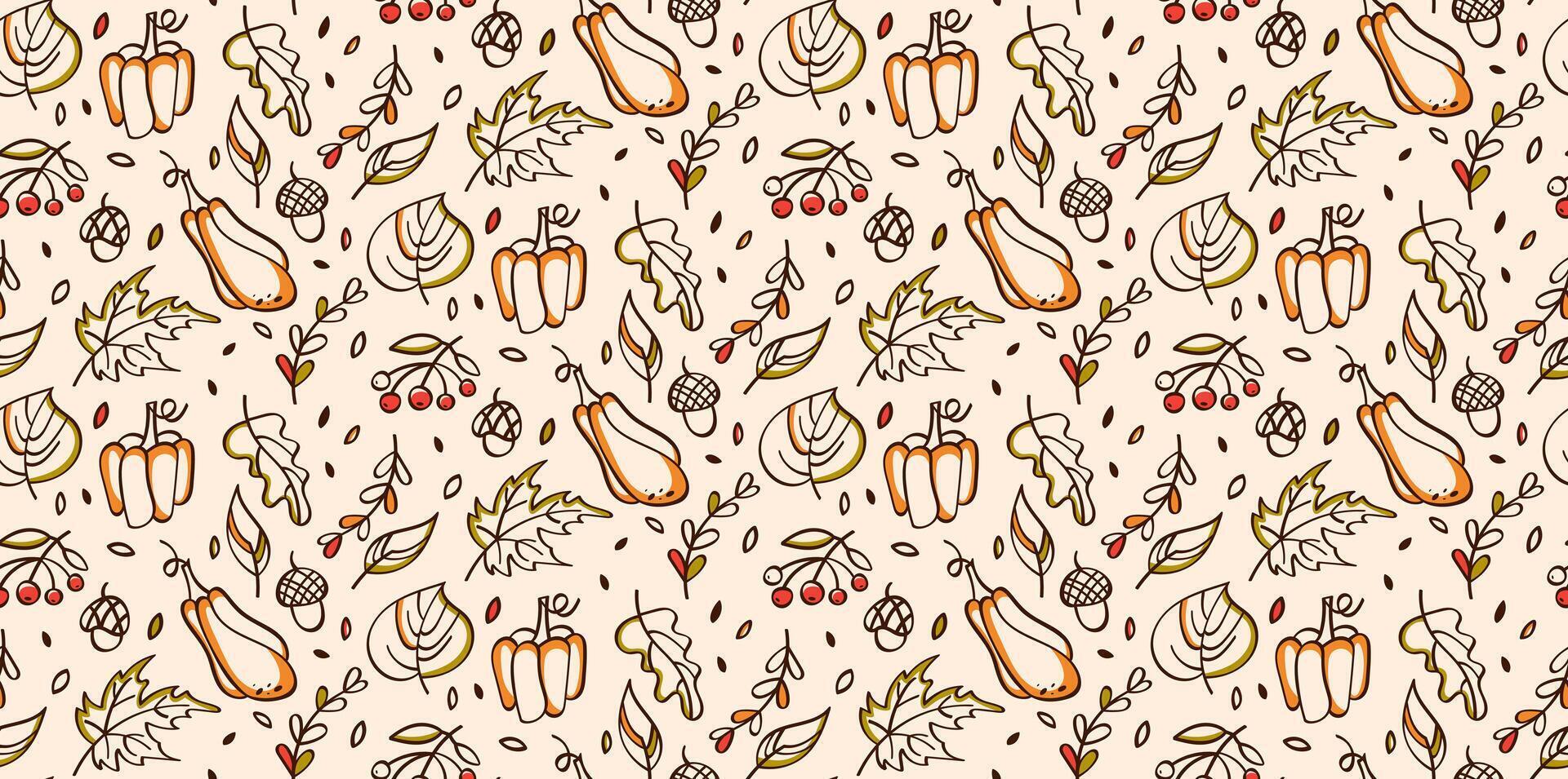 Autumn doodle hand drawn seamless pattern. Cute seamless illustration of fallen leaves, pumpkins, berries, acorn. Sketches, line icons. Texture for wallpaper, background, fabric, packaging. vector