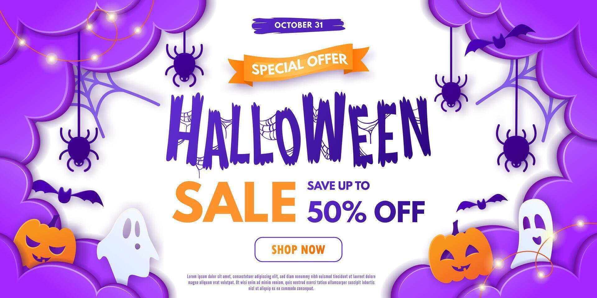 Happy Halloween sale web banner, paper cut style. Colorful poster with cute ghosts, pumpkin, clouds, spiders and bats. Design template for promo, advertising, social media, web. Shop now button vector
