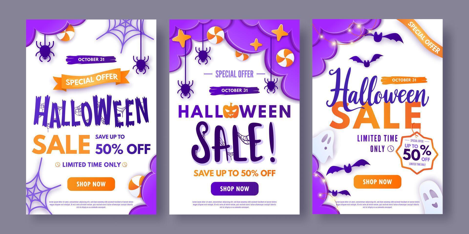 Halloween sale web banners, paper cut style. Colorful vertical posters with cute ghosts, pumpkin, clouds, spiders and bats. Design template for promo, advertising, social media, web. vector