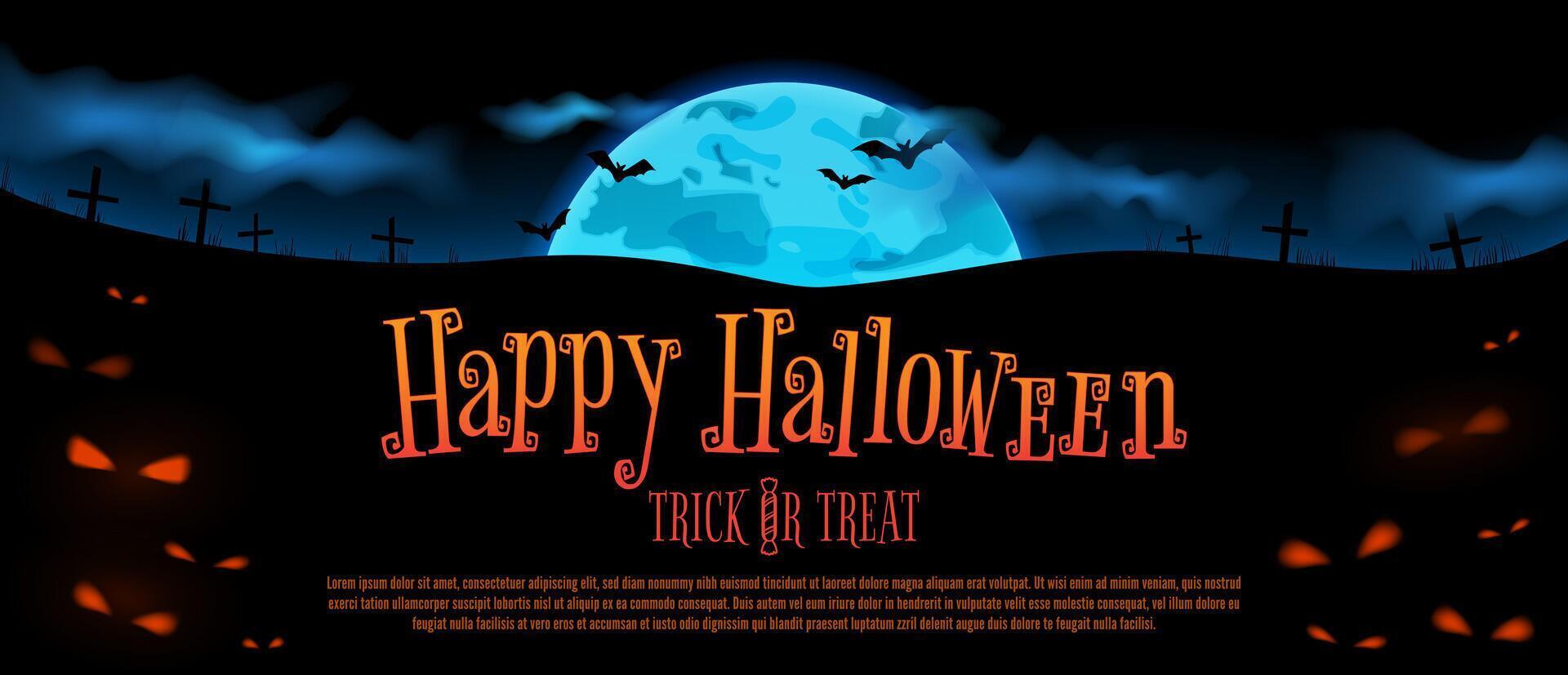 Happy Halloween background, banner with blue moon, bats, clouds, silhouette of graves and orange eyes looking from the dark. Witches night cover, design template for web, promo, advertising. vector