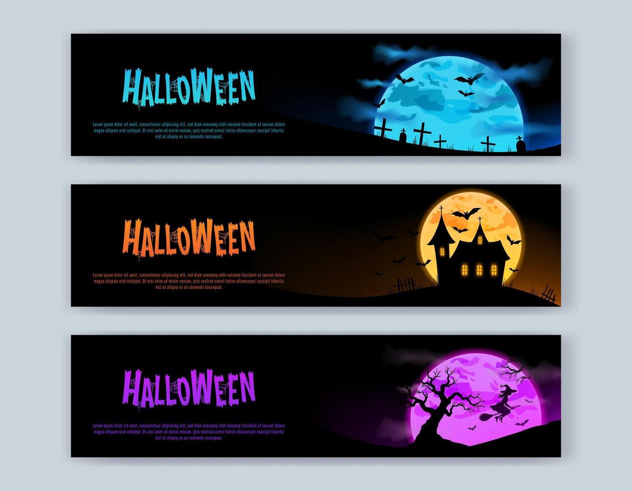Halloween posters, web banners with silhouettes of graves, a cemetery, a castle, trees, bats and witches. Creative blue, orange, purple cards, backgrounds. Creepy, scary, spooky night concept. vector
