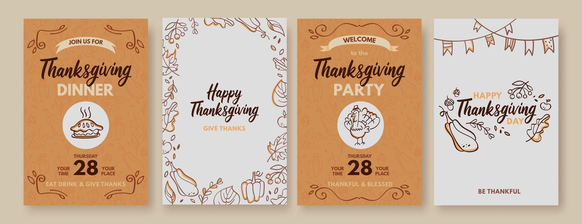 Happy Thanksgiving greeting cards, posters. Colorful vertical invitations for thanksgiving dinner, party. Vertical banners with cute doodle illustrations of pumpkins, pie, autumn leaves, turkey. vector