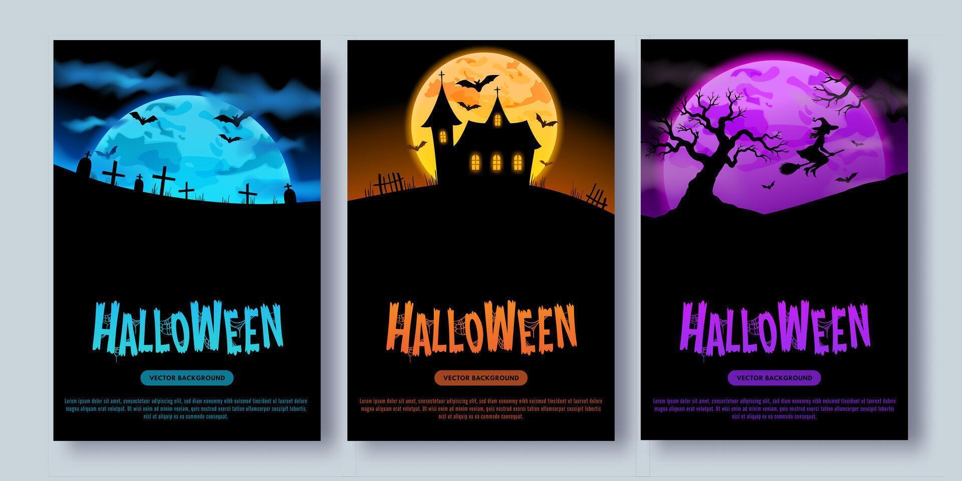 Halloween posters, web banners with silhouettes of graves, a cemetery, a castle, trees, bats and witches. Creative flat blue, orange, purple cards. Creepy, scary, spooky night concept. Template vector