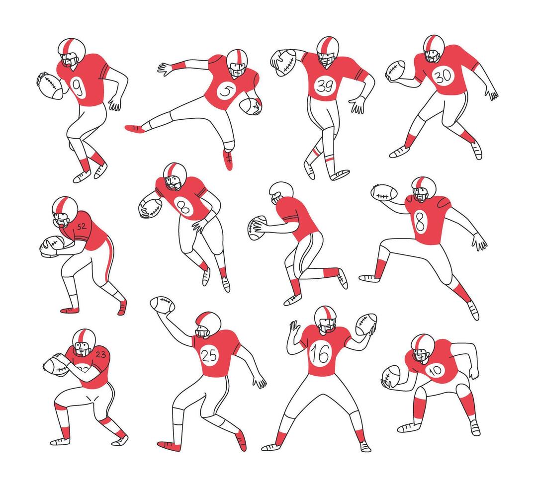 Set of american football players with football ball in different dynamic characteristic poses. Sport. Players in red uniform. doodle linear illustration vector