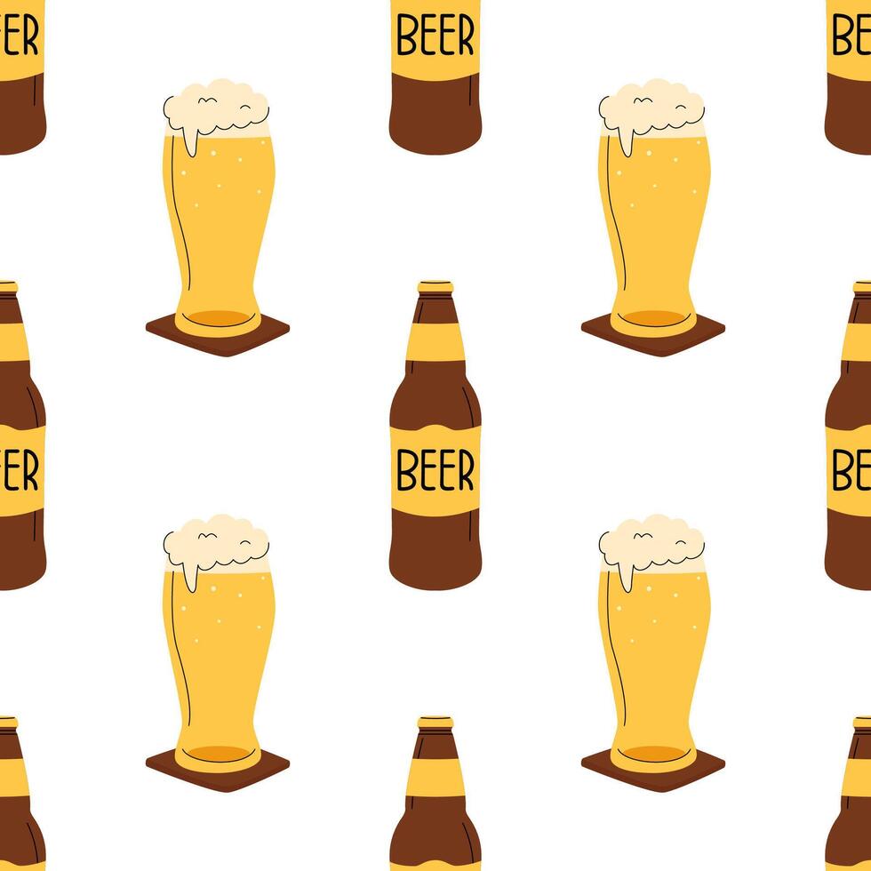 Hand drawn beer seamless pattern. Bottles and glasses with foam in doodle style. Simple and clean design. Ideal for bar menus, brewery branding, and Oktoberfest promotions. vector