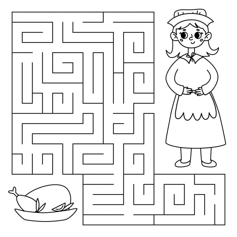 Thanksgiving maze game for kids. Pilgrim girl looking for a way to the roast turkey. Printable worksheet with solution for school and preschool. vector
