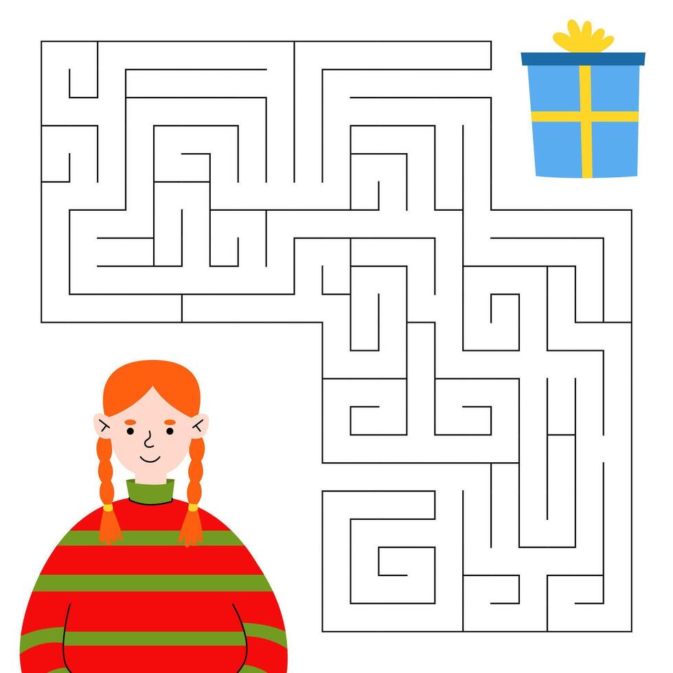 Christmas maze game for kids. Cute redheadgirl looking for a way to the blue gift. Printable worksheet with solution for school and preschool. vector
