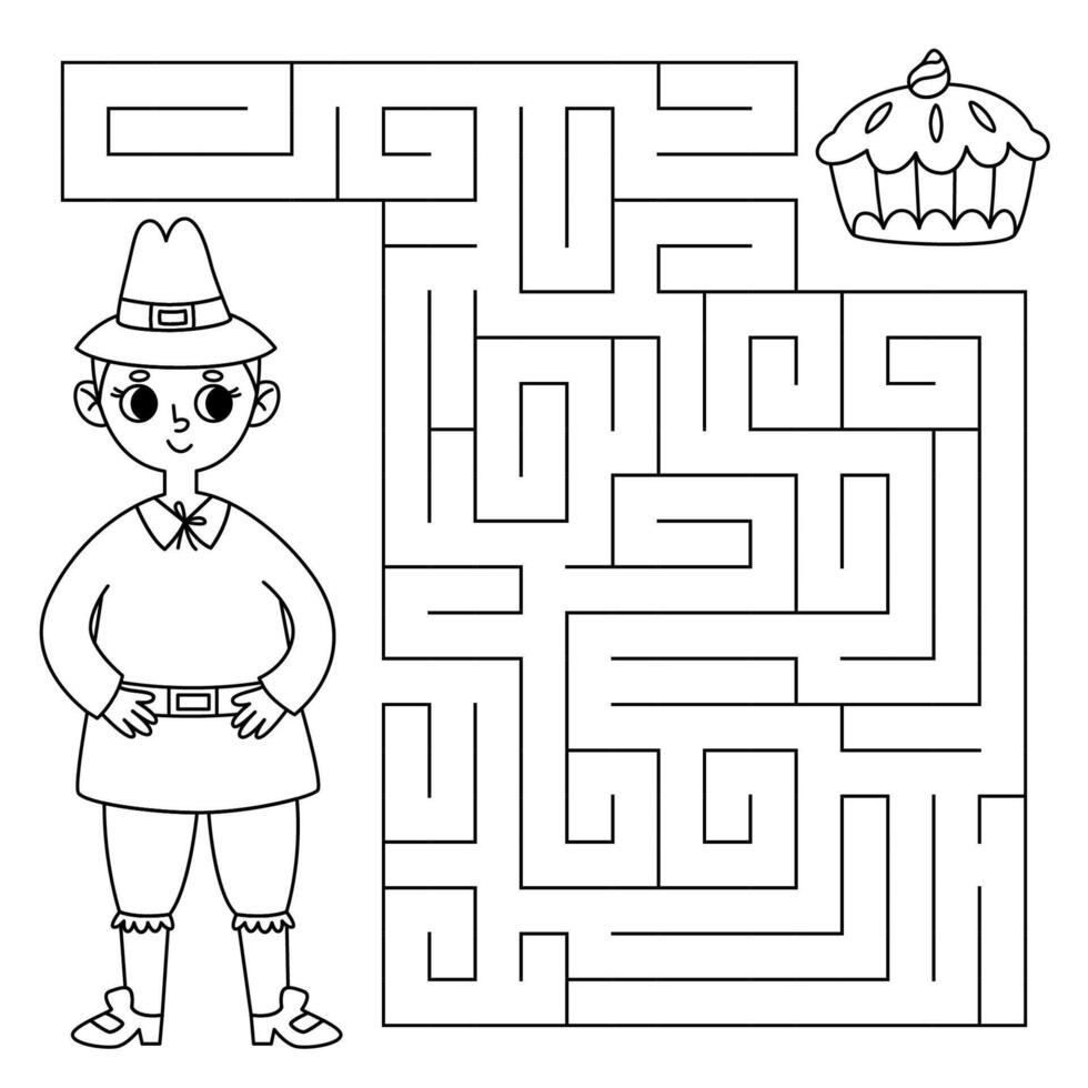 Thanksgiving maze game for kids. Pilgrim man looking for a way to the pumpkin pie. Printable worksheet with solution for school and preschool. vector
