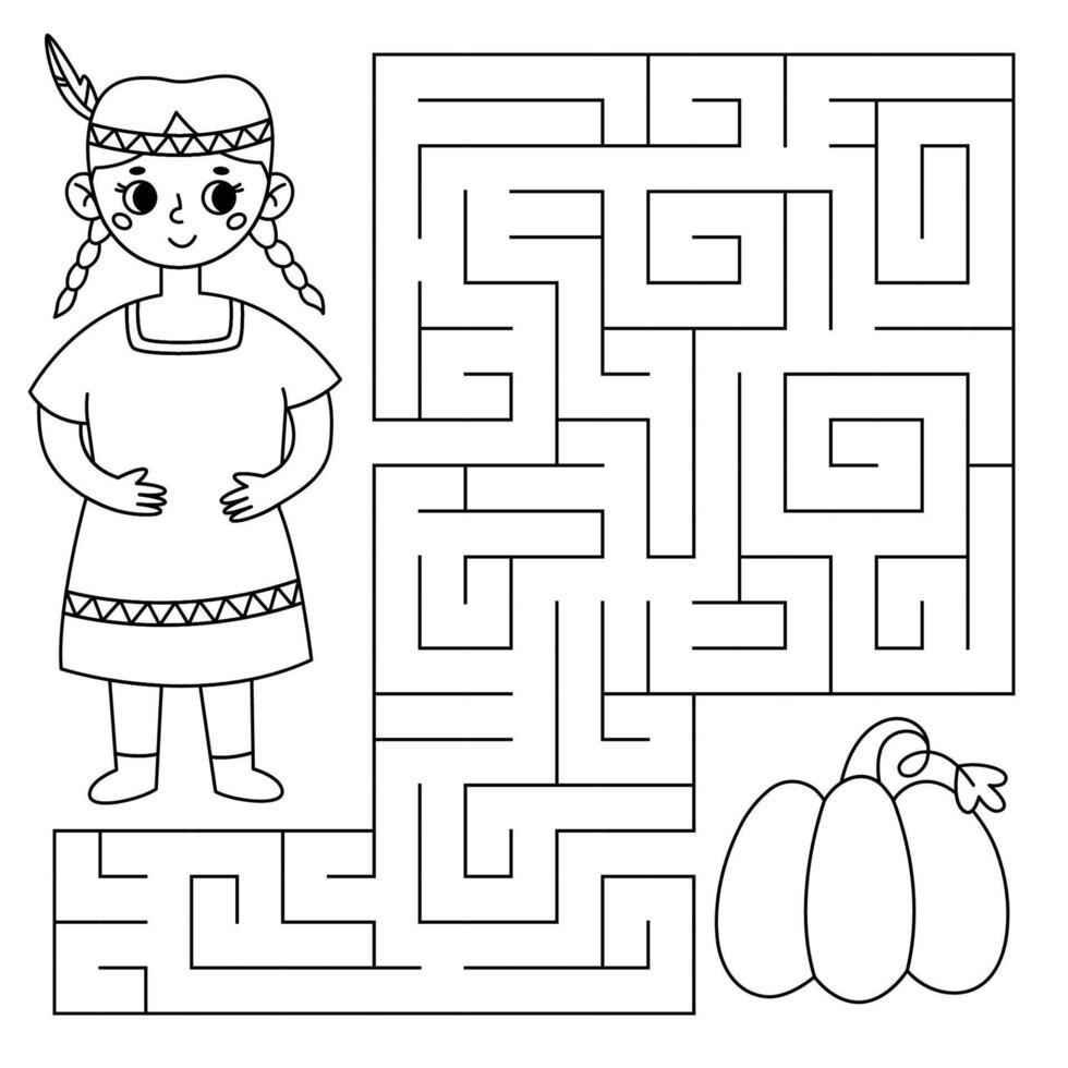 Thanksgiving maze game for kids. Indian girl looking for a way to the pumpkin. Printable worksheet with solution for school and preschool. vector