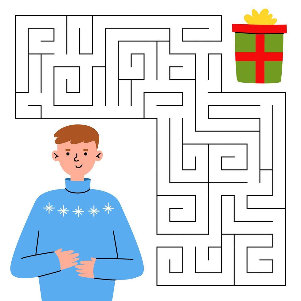 Christmas maze game for kids. Cute boy in blue sweater looking for a way to the gift. Printable worksheet with solution for school and preschool. vector