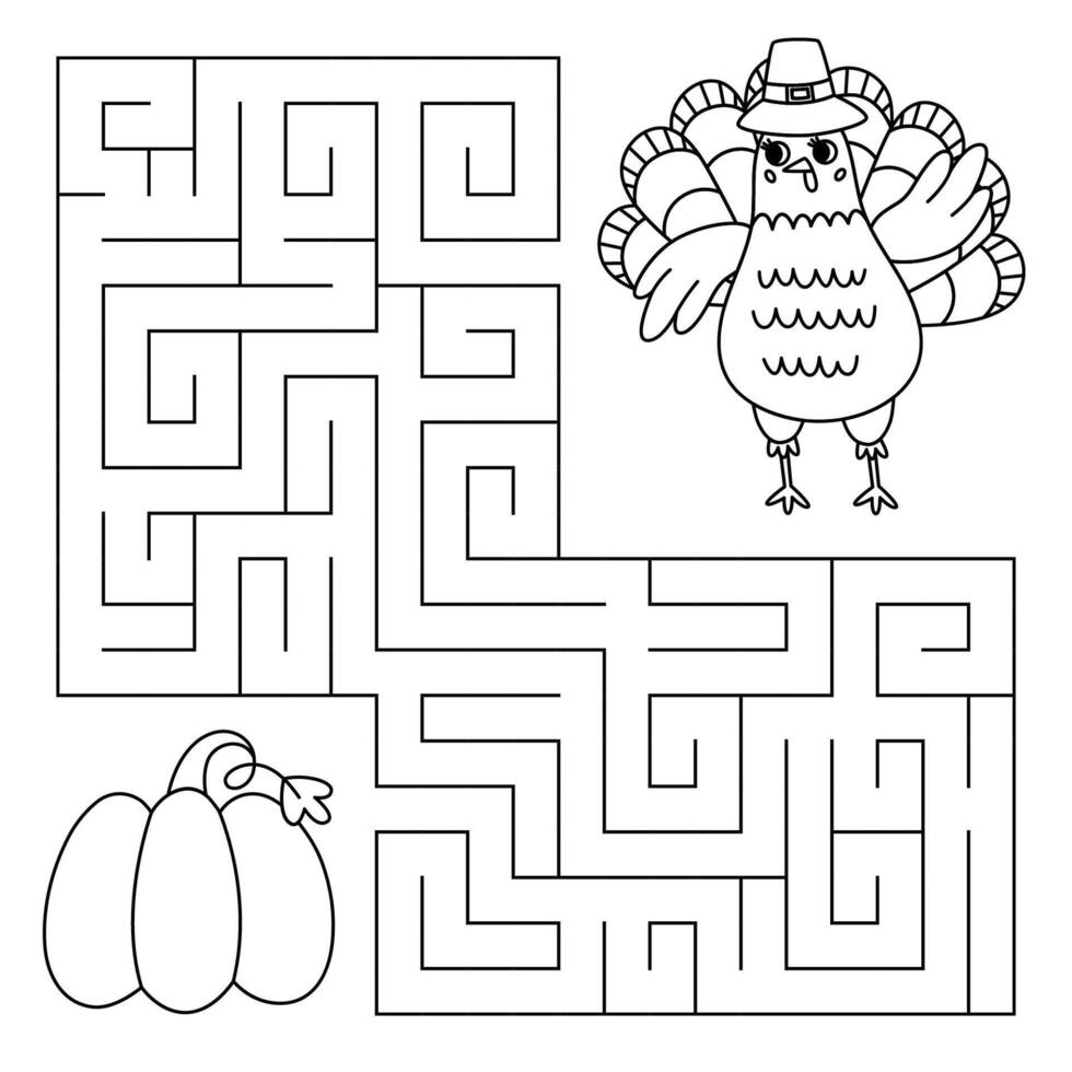 Thanksgiving maze game for kids. Turkey looking for a way to the pumpkin. Printable worksheet with solution for school and preschool. vector