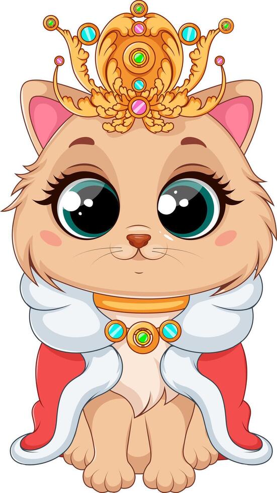 Charming Princess Kitty with Royal Crown and Cape. Bright Illustration vector