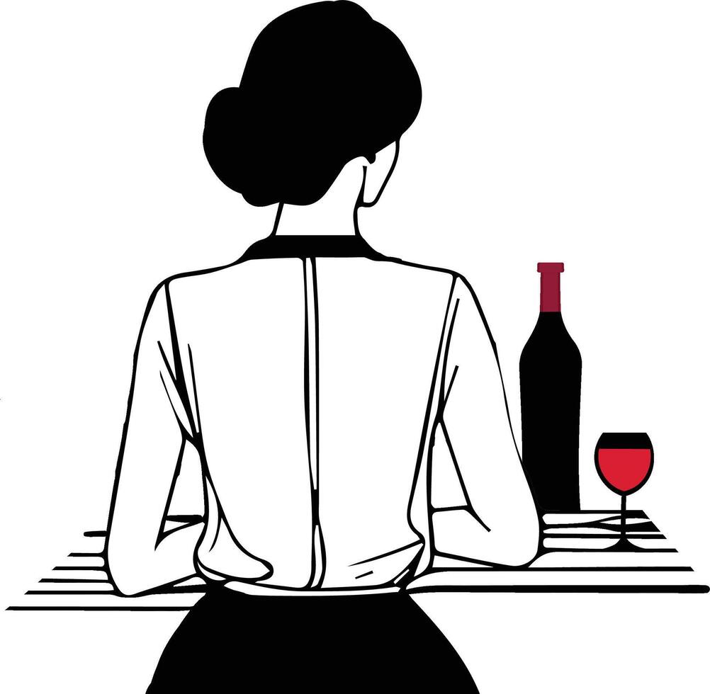 French woman drinking red wine in line art style vector