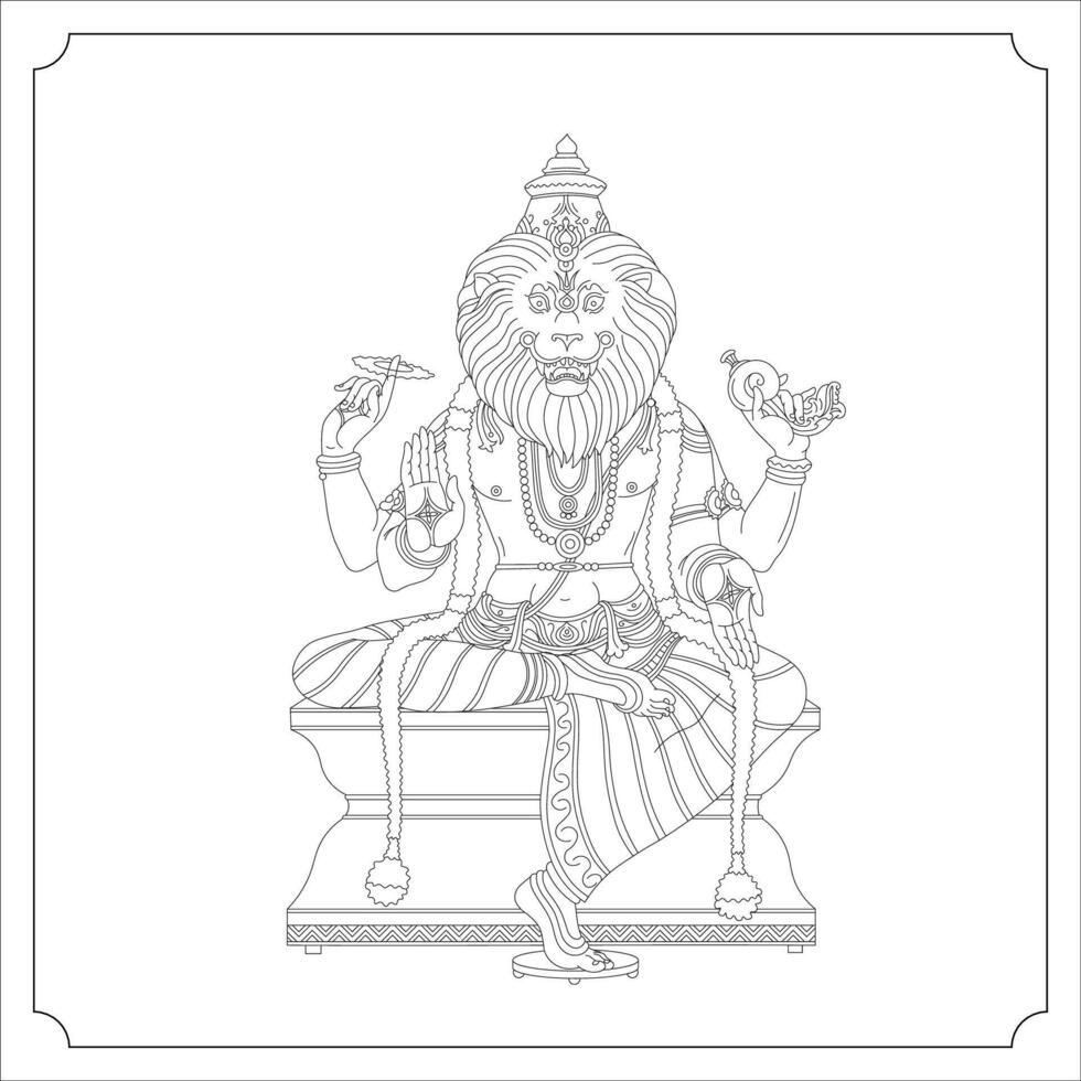 Indian God NARASIMHAVATARA Isolated Outline Illustration vector