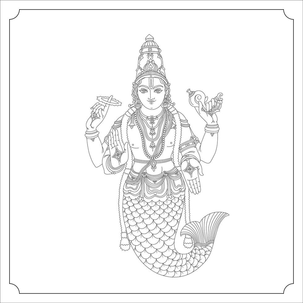 Indian Goddess MATSYAVATARA Isolated Outline Illustration vector