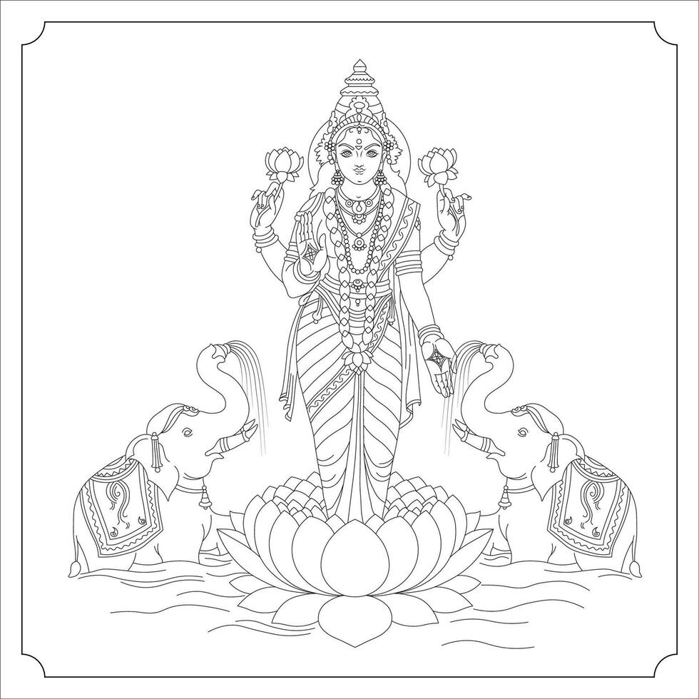 Indian Goddess LAKSMI Isolated Outline Illustration vector