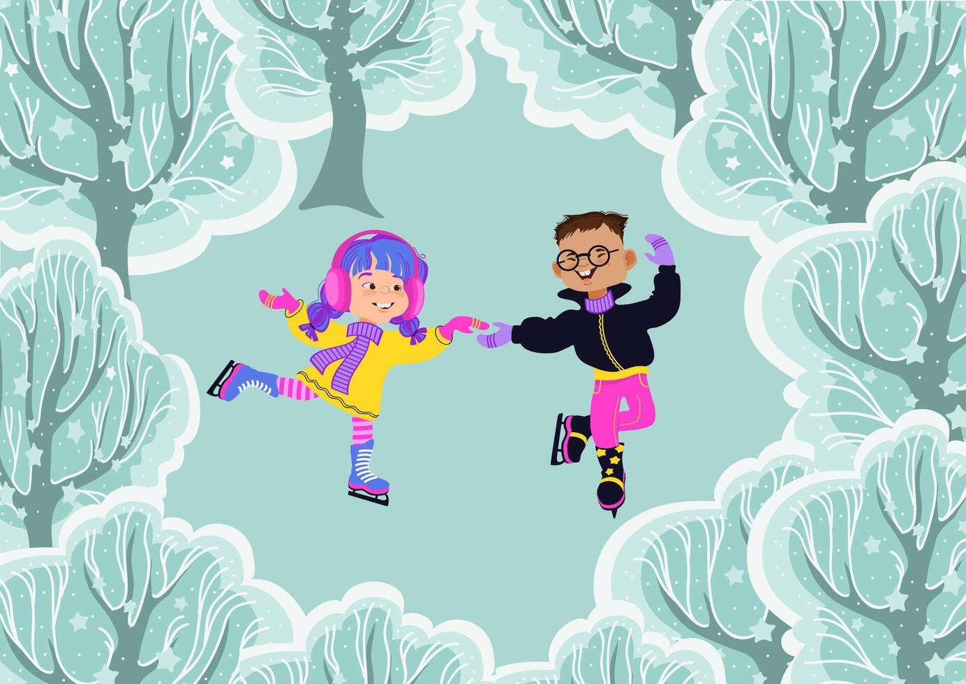 Happy children skating in the snowy park. flat illustration. vector