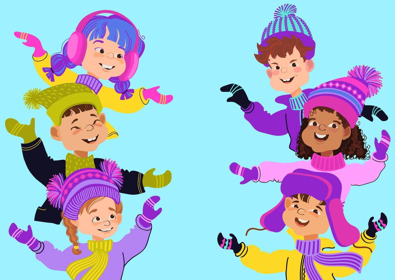 Group of cute children dressed in warm costumes. illustration. vector