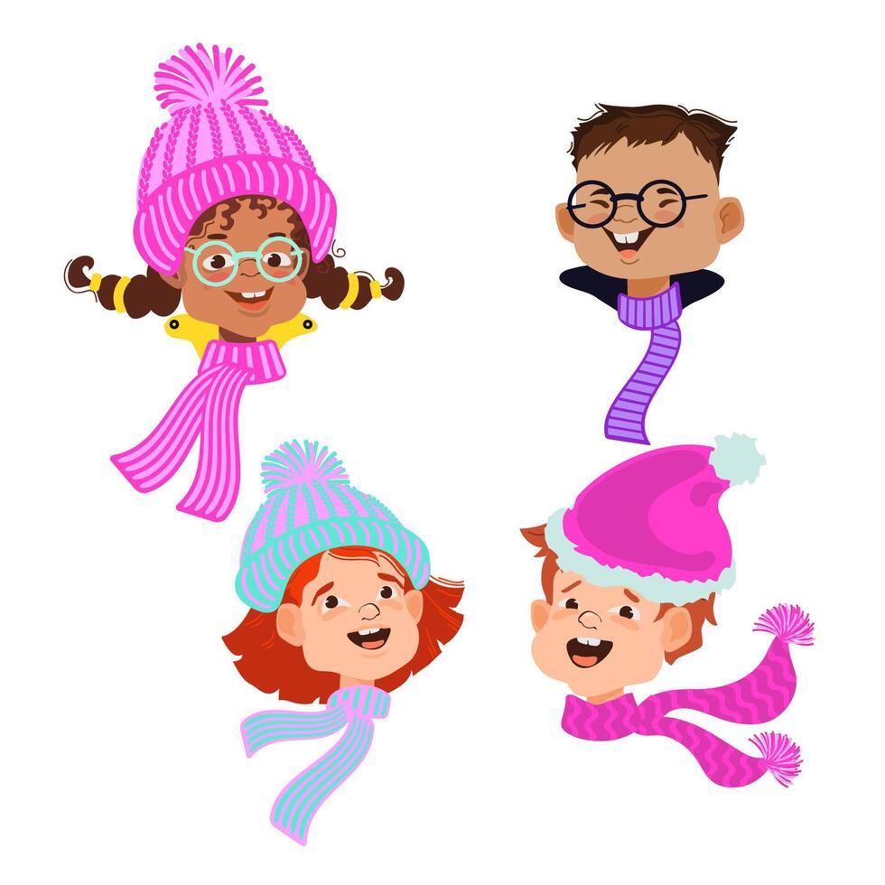 Four winter portrait avatars. Happy cartoon children. Flat illustration. vector