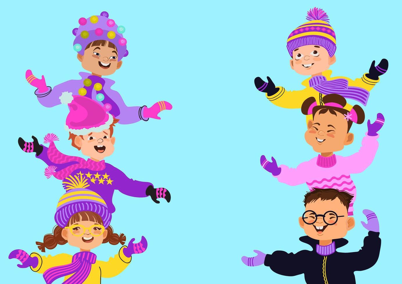Group of cute children dressed in warm costumes. illustration. vector