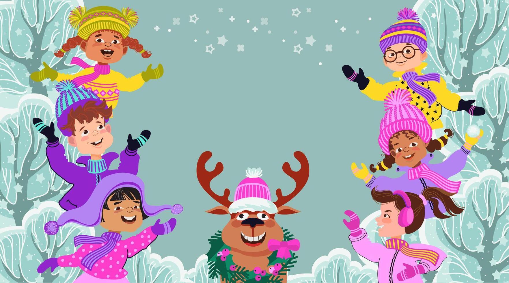 Winter wonderland. Cute kids and deer playing. illustration. vector