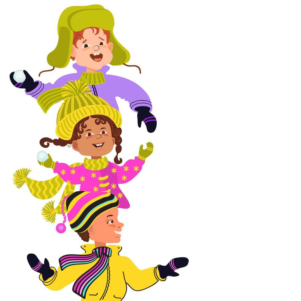 Group of cute kids in bright winter clothes. illustration. vector