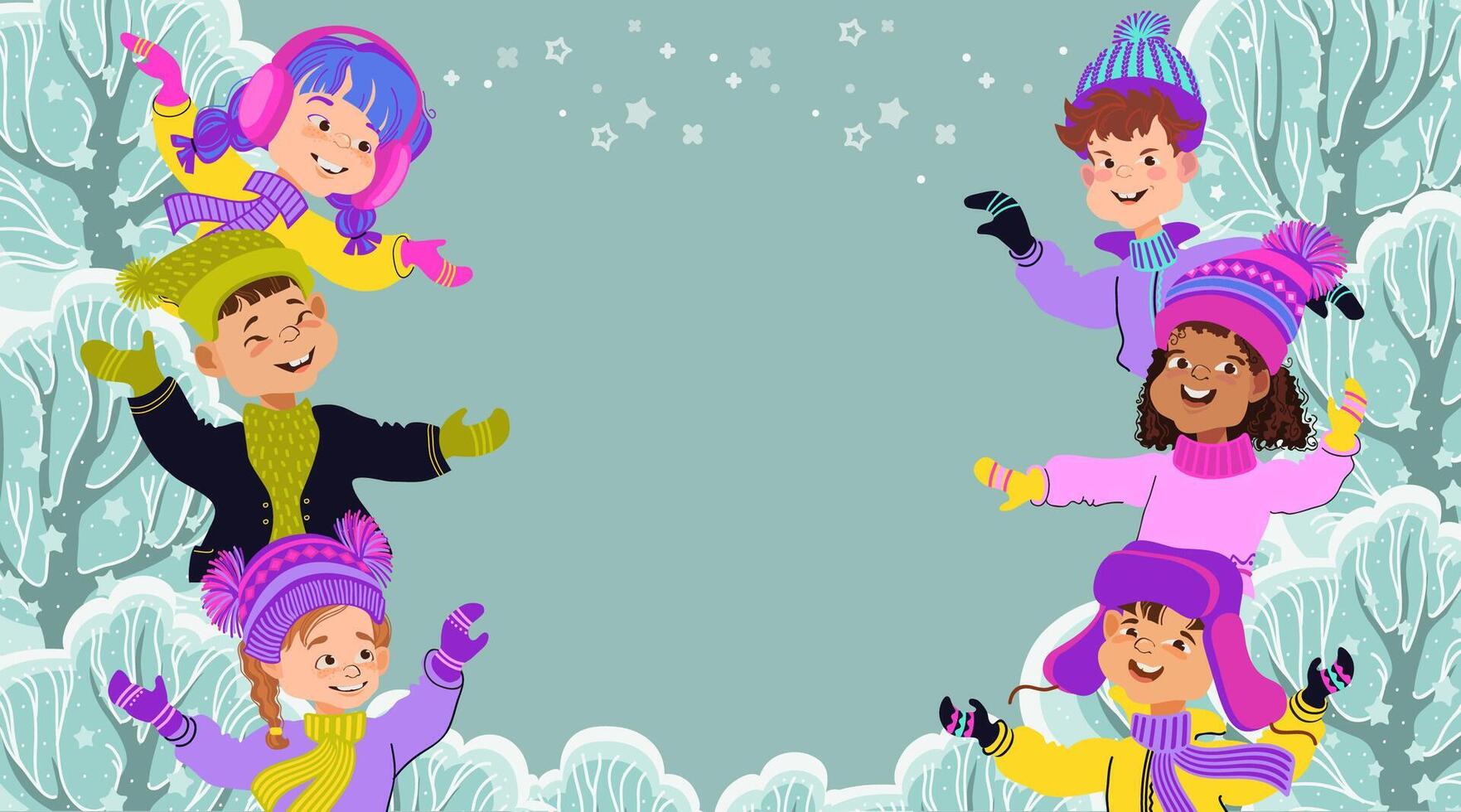 Winter wonderland. Cute kids playing in the forest. illustration. vector