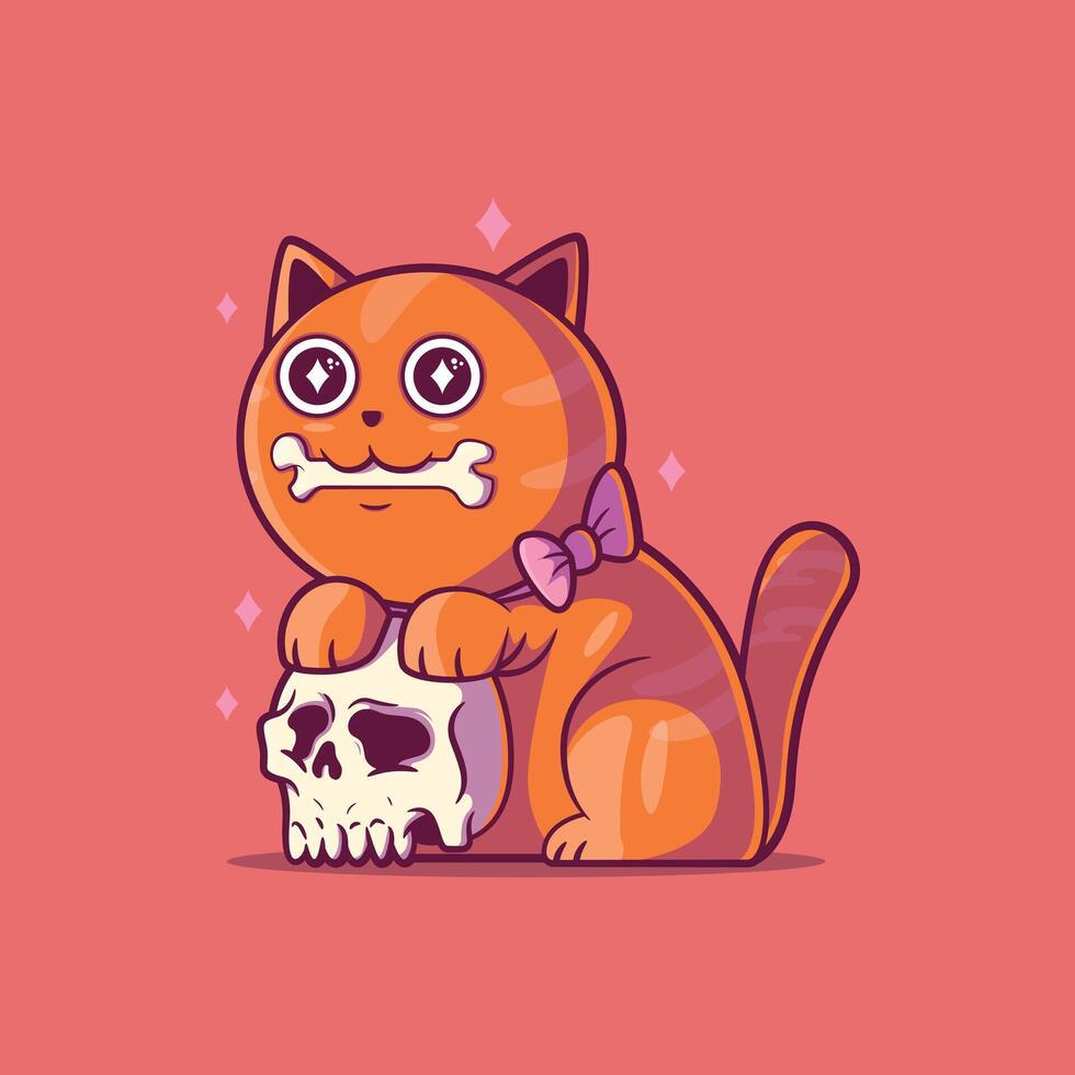 A Cute Cat Character on top of a skull. vector