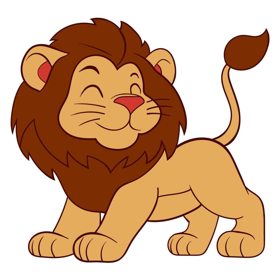 Happy Cute Lion Walking with Cheerful Smile and Closed Eyes vector