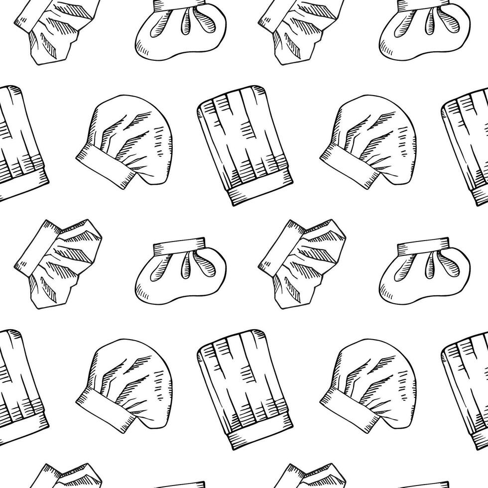 Chef hat sketch seamless pattern. Hand drawn repeating background with different types of chefs hats for design, logo, label, card, print, icon, paper. Symbol for cooking, restaurant, bakery vector