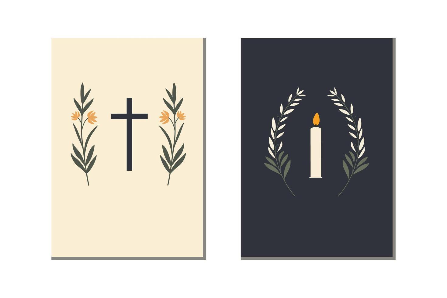 Hand drawn cards for Christians events, Funeral service. Design borders with cross, candle, branches of flowers, funeral attribute. Backgrounds for church holiday, condolence of dead, invention vector