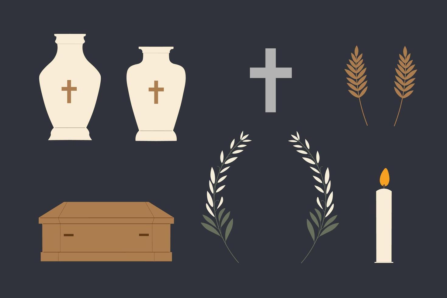 Hand drawn set for Funeral service. Illustration for design with funeral attributes, flowers, leafs, branches, coffin, urn for ashes and cremation, cross, candle. Symbols of condolence of dead vector